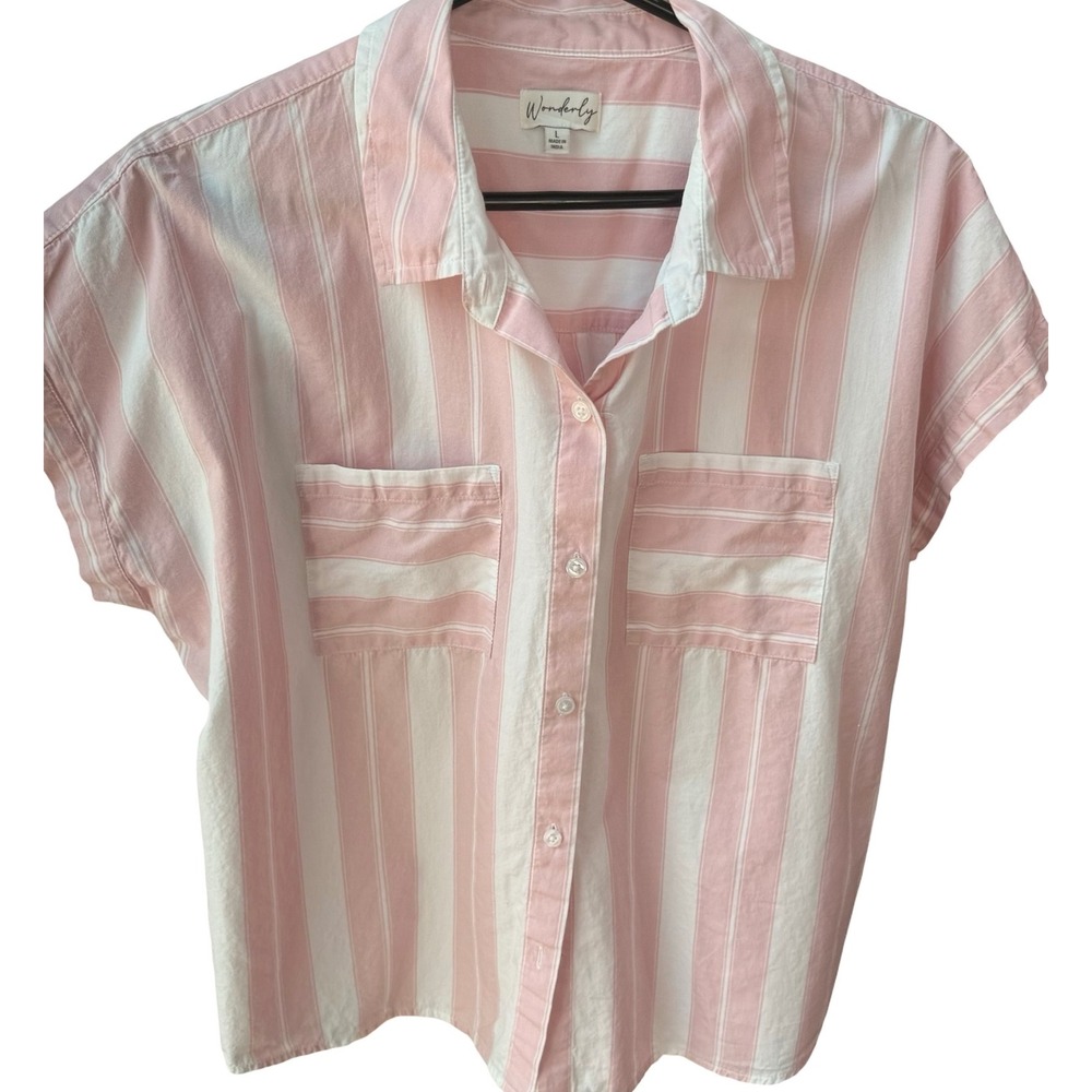 Wonderly Pink White Striped‎ Button Front Top Womens Large Beachy Coastal Shirt